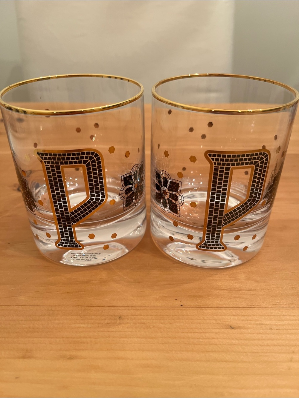 2 Anthropologie Bistro Tile Monogram Old Fashioned Glasses Letter ‘P’ 24k Gold